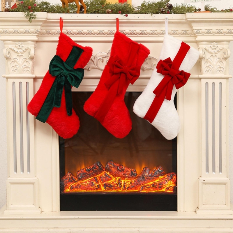 Christmas Stocking Hanging - Fabric Christmas Stocking with Soft-Look Bowknot